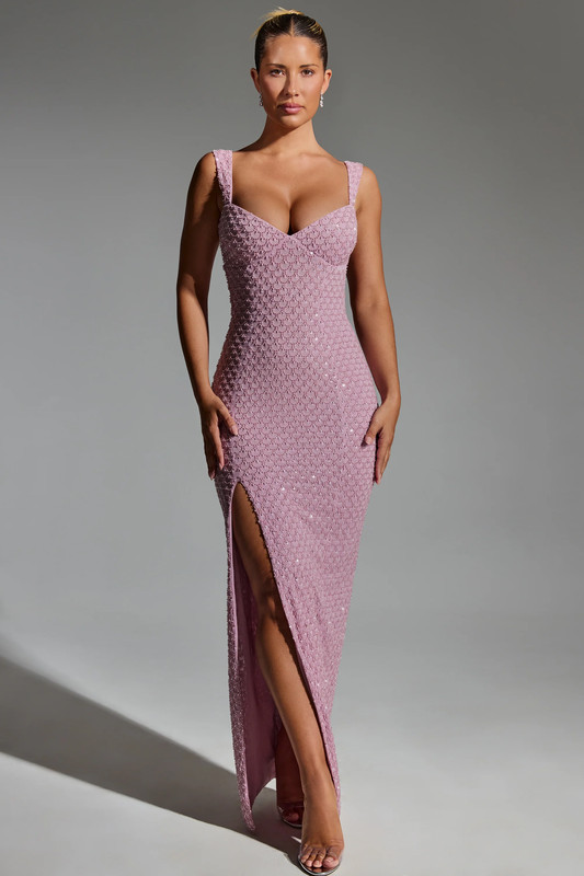 Embellished Open-Back Maxi Dress in Mauve - UK Size:18